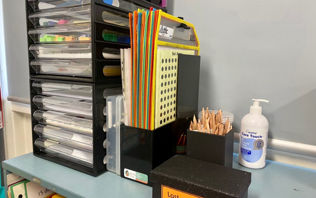 Anita’s K-6 Classroom CWPS 2020 | ‘Everyday Visual Models Whiteboard Insert Sleeves’ & student markers on shelf